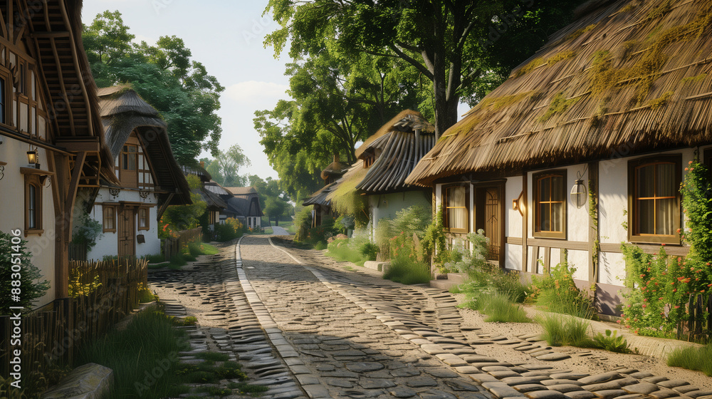 Traditional Hungarian village with thatched roof houses Traditional Hungarian village with thatched roof houses