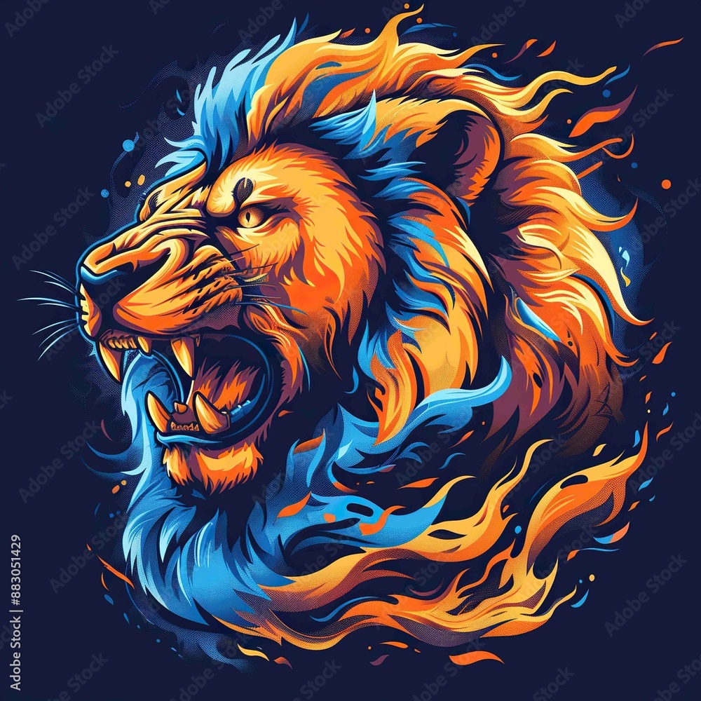 epic graphic mascot lion with flaming blue main, tshirt style design. epic graphic mascot lion with flaming blue main, tshirt style design.