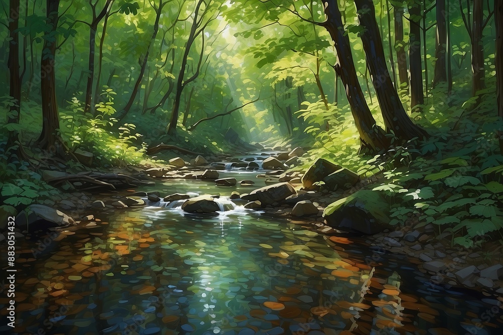A sunlit creek flows through a lush green forest, sparkling with sunlight A sunlit creek flows through a lush green forest, sparkling with sunlight