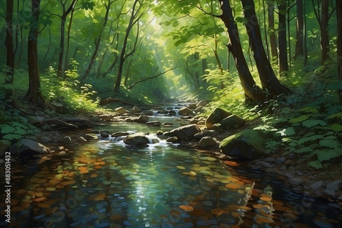 A sunlit creek flows through a lush green forest, sparkling with sunlight