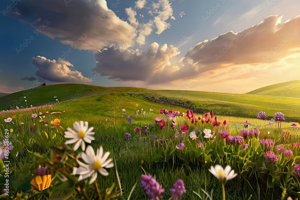 A field of wildflowers in full bloom, bathed in the golden light of the setting sun. The rolling hills and lush greenery create a serene landscape A field of wildflowers in full bloom, bathed in the golden light of the setting sun. The rolling hills and lush greenery create a serene landscape