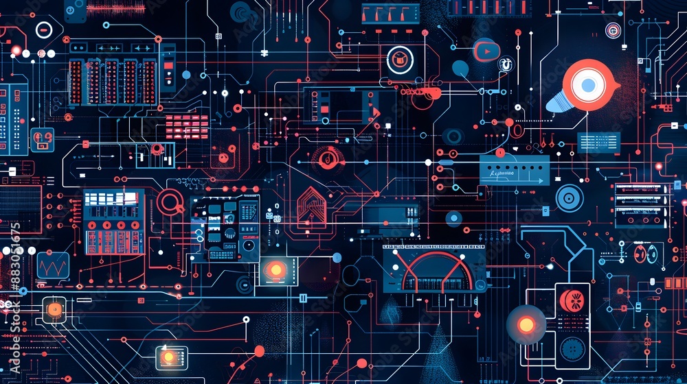 An intricate digital diagram displaying the signal flow path from input sources such as microphones and instruments, through processing equipment, to output devices like speakers and recording devices An intricate digital diagram displaying the signal flow path from input sources such as microphones and instruments, through processing equipment, to output devices like speakers and recording devices