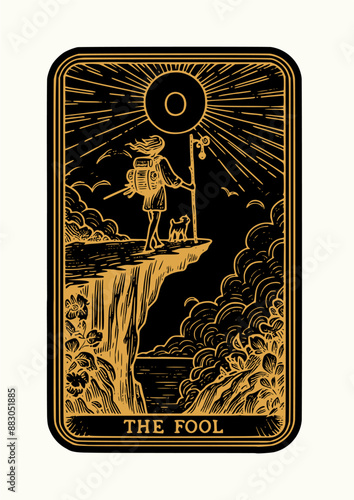 The Fool Tarot Card: Golden Hand-Drawn Engraved Illustration