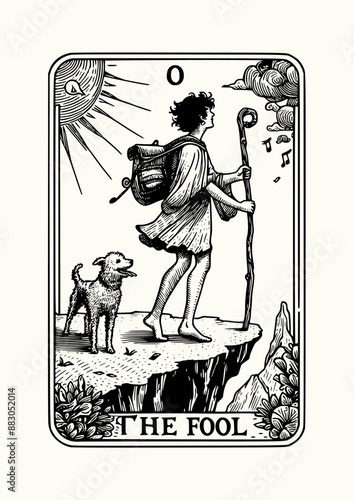 The Fool Tarot Card: Hand-Drawn Engraved Monochrome Illustration