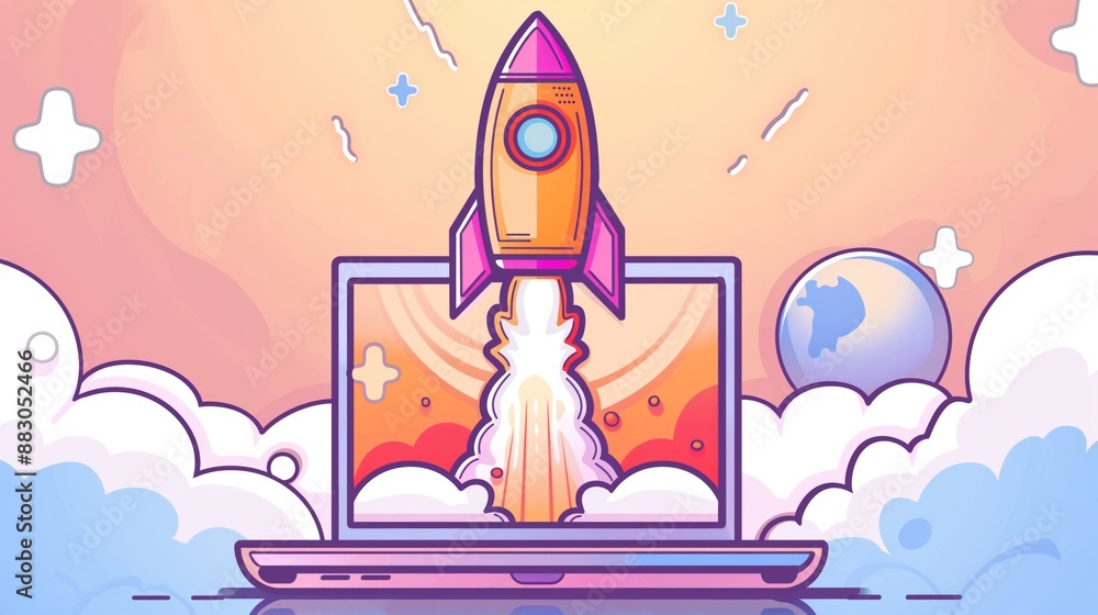Space rocket launch from laptop screen as startup and marketing futuristic promotion icon. Generative AI. Space rocket launch from laptop screen as startup and marketing futuristic promotion icon. Generative AI.