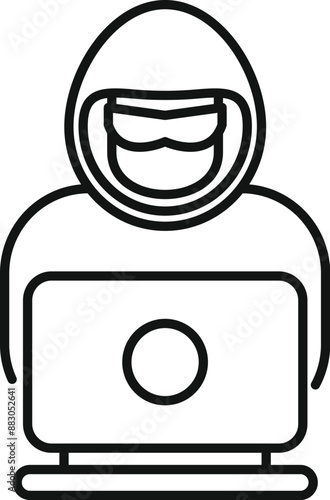 Hooded figure wearing sunglasses is using a laptop, suggesting engagement in hacking and cybercriminal activities