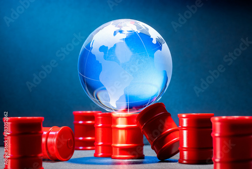 Danger for planet earth. Blue globe with many red barrels.