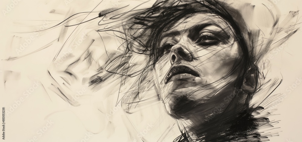 Fototapeta premium Charcoal sketch portrait of a proud woman with head up and eyes open with expressive lines and dynamic shading on neutral light grey or white background with copyspace