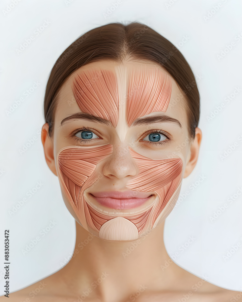 Fototapeta premium Frontal view of a young woman smiling, half of his face showing internal muscles anatomy