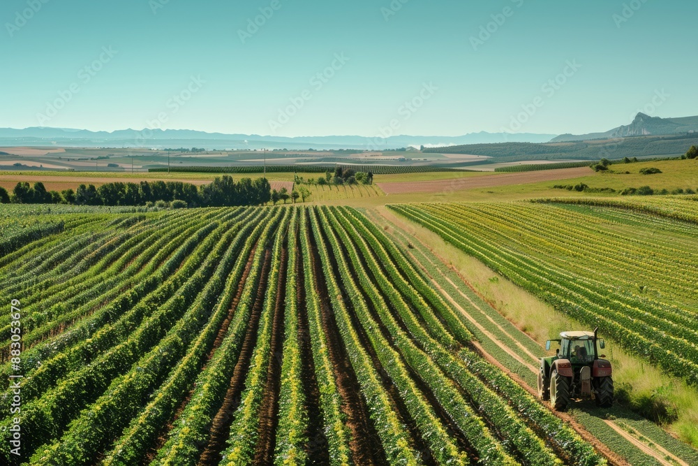 A tractor travels through rows of crops on a large sustainable farm under a clear blue sky, showcasing the beauty of sustainable agriculture A tractor travels through rows of crops on a large sustainable farm under a clear blue sky, showcasing the beauty of sustainable agriculture
