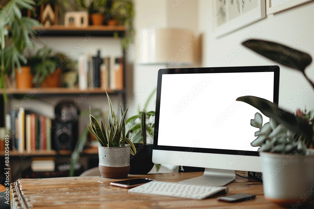 Fototapeta premium computer blank screen on table with coffee background, mockup, template for your text, ai generated