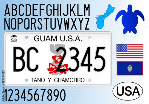 Guam islands car license plate patern, letters, numbers and symbols, vector illustration, GUAM, USA, United States