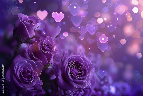 Fototapeta Naklejka Na Ścianę i Meble -  purple roses and purple hearts on purple background with bokeh lights, love wallpaper, purple flowers, purple valentine's day design, purple rose background
