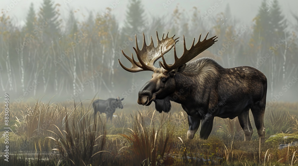 An adult moose is seen eating grass beside a small calf in a misty forest setting, illustrating the beauty and bond of wildlife in their natural habitat. An adult moose is seen eating grass beside a small calf in a misty forest setting, illustrating the beauty and bond of wildlife in their natural habitat.