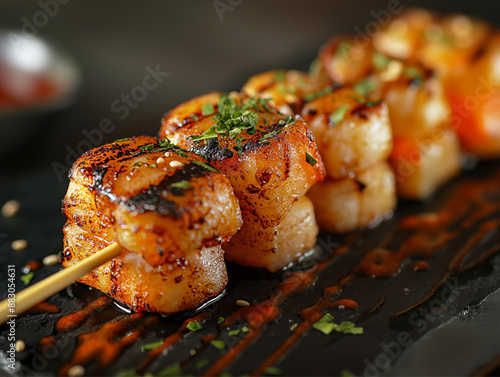 Close-up of grilled skewer pieces with a savory sauce and garnished with finely chopped fresh herbs on a dark plate.