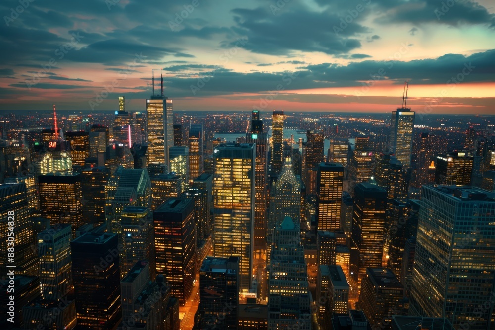 Obraz premium An aerial view of a city skyline at dusk, with numerous buildings lit up and city lights twinkling