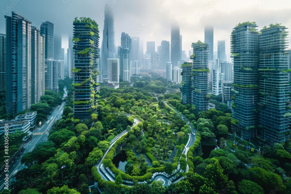 An aerial view of a modern city with lush green spaces and towering skyscrapers An aerial view of a modern city with lush green spaces and towering skyscrapers