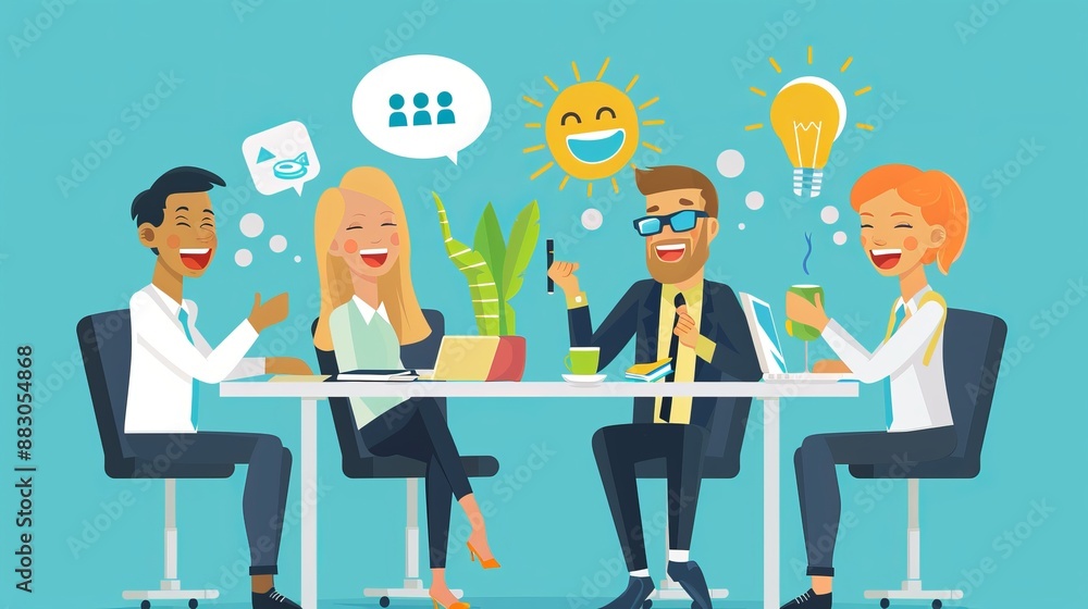 Illustration featuring a group of colleagues engaged in a modern office discussion around a table with lively gestures, representing teamwork, communication, and creative brainstorming. Illustration featuring a group of colleagues engaged in a modern office discussion around a table with lively gestures, representing teamwork, communication, and creative brainstorming.