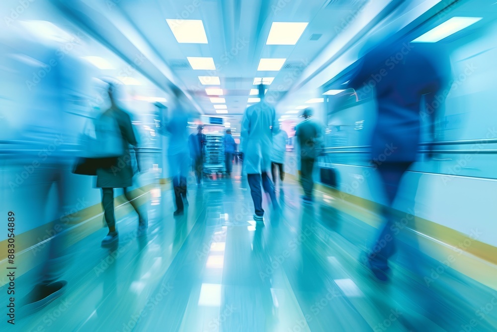A blurred abstract image depicting the movement of healthcare personnel and patients in a modern hospital hallway A blurred abstract image depicting the movement of healthcare personnel and patients in a modern hospital hallway