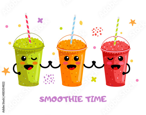 Smoothie time. Set of smoothies or fresh juice. Cocktails in plastic cup, tubule. Summer cocktails. Concept for healthy food menu bar. Cute kawaii style design