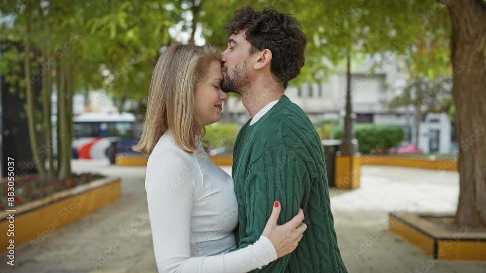Intimate moment between a man and woman embracing in a city park with trees and benches, symbolizing love and relationship. Intimate moment between a man and woman embracing in a city park with trees and benches, symbolizing love and relationship.
