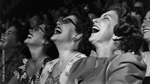 This black and white image shows a group of people in the theater, focusing intently on a performance, reflecting the engrossment and joy of observing an entertaining act.