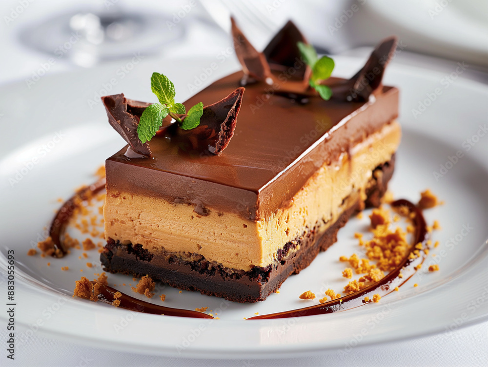 An elegant slice of chocolate and coffee layer cake with chocolate shards and garnish, served on a white plate. An elegant slice of chocolate and coffee layer cake with chocolate shards and garnish, served on a white plate.