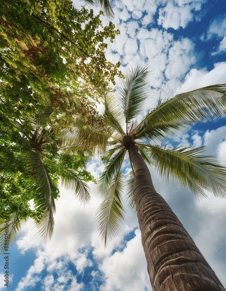 Fototapeta premium low-angle perspective showing the sky with clouds, a coconut palm