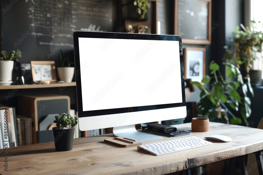 Fototapeta premium computer blank screen on table with coffee background, mockup, template for your text, ai generated