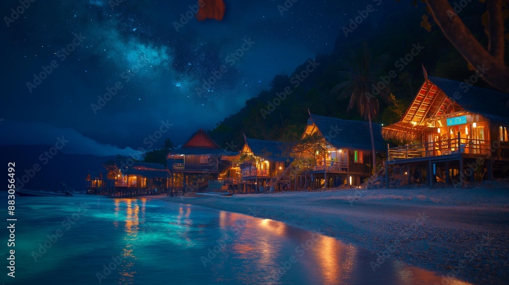 Obraz premium AI generator image of sandy beach by the sea at night,Sea waves rolling onto sandy beach under starry sky,milky way,northern lights,Southern Light,Aurora,Aurora Borealis at night