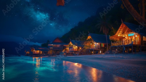 AI generator image of sandy beach by the sea at night,Sea waves rolling onto sandy beach under starry sky,milky way,northern lights,Southern Light,Aurora,Aurora Borealis at night photo