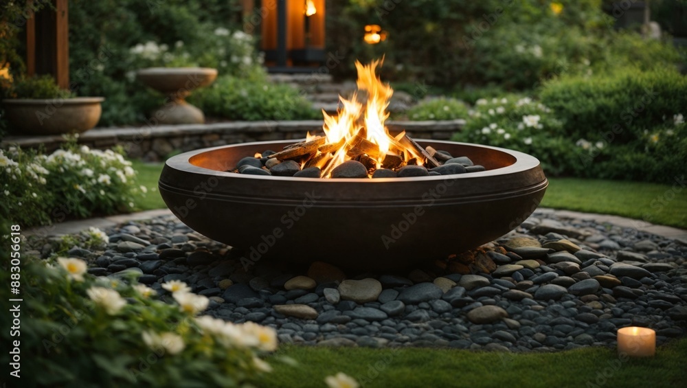 A cozy backyard setting featuring a fire pit with vibrant flames surrounded by rocks and greenery, creating a warm atmosphere. A cozy backyard setting featuring a fire pit with vibrant flames surrounded by rocks and greenery, creating a warm atmosphere.