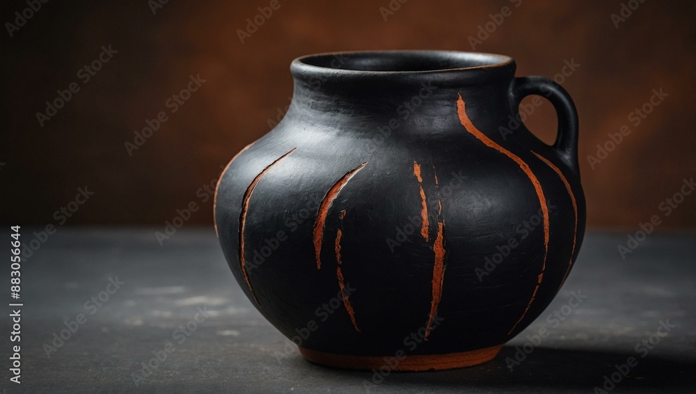 A black ceramic pot with orange streaks, showcasing a rough, rustic texture set against a contrasting background. A black ceramic pot with orange streaks, showcasing a rough, rustic texture set against a contrasting background.