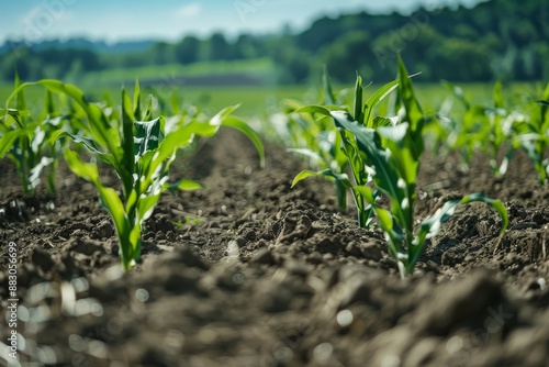 A low-angle view of a row of young corn plants growing in a field, with the focus on the texture of the soil and the delicate green leaves