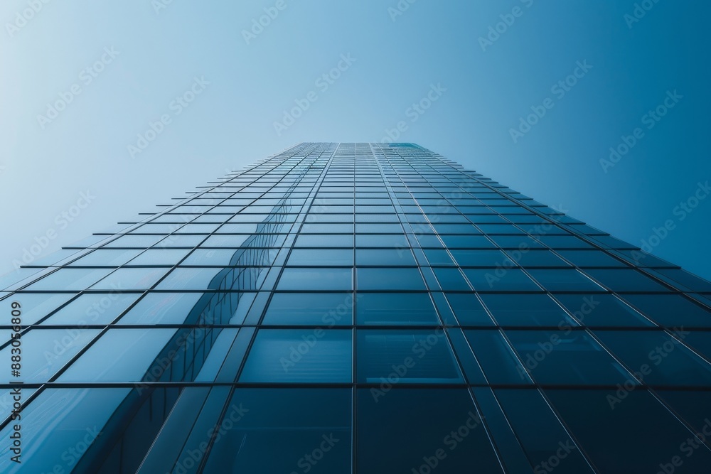 A low angle view of a modern skyscraper reaching towards a clear blue sky, showcasing its height and architectural design A low angle view of a modern skyscraper reaching towards a clear blue sky, showcasing its height and architectural design