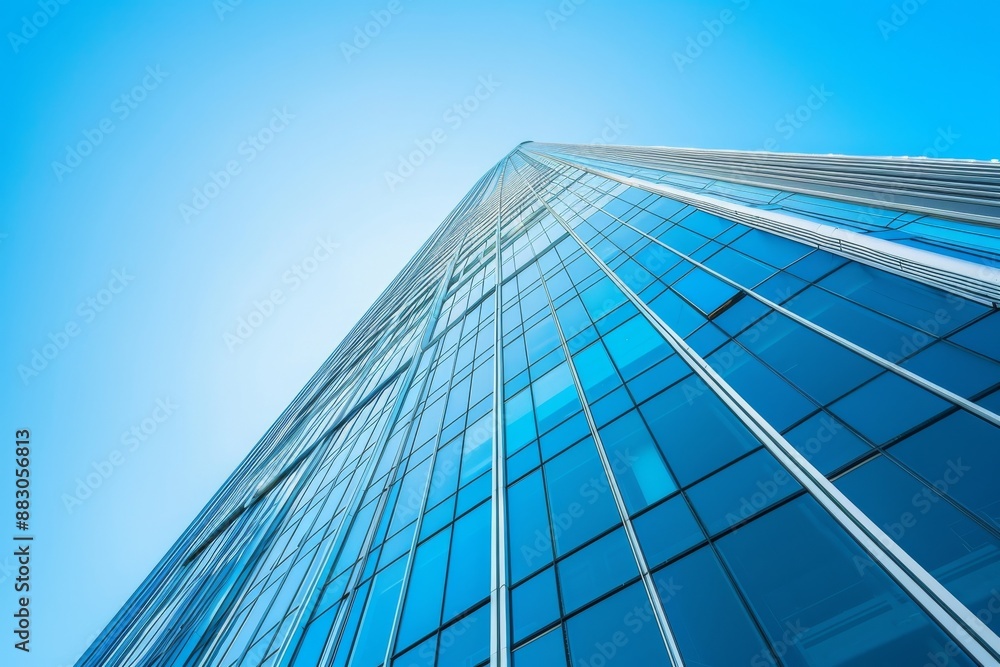 Low-angle shot of a tall, modern skyscraper with glass facade against a clear blue sky, emphasizing the height and intricate architectural design Low-angle shot of a tall, modern skyscraper with glass facade against a clear blue sky, emphasizing the height and intricate architectural design