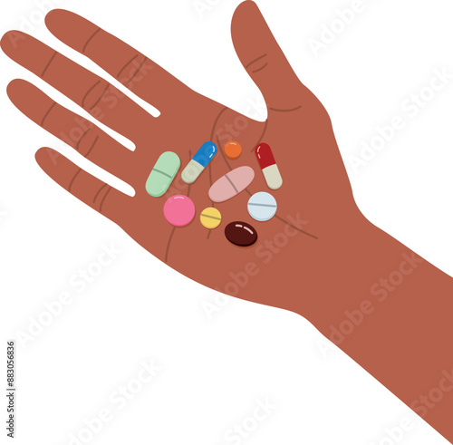 Vector illustration of woman's dark skin hand hold pills and capsules. Health treatment concept in flat style