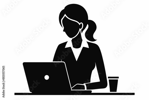 
silhouette of woman working on laptop at desk. Vector illustration
