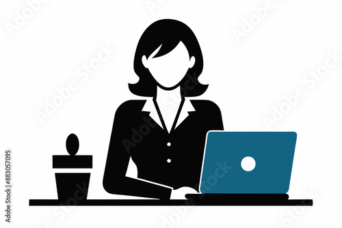 
silhouette of woman working on laptop at desk. Vector illustration
