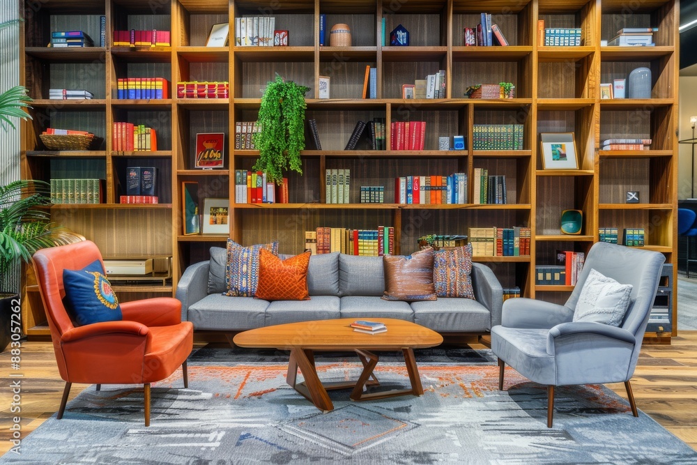 A comfortable seating area with a couch, two chairs, and a coffee table is arranged in front of a large bookcase filled with books A comfortable seating area with a couch, two chairs, and a coffee table is arranged in front of a large bookcase filled with books