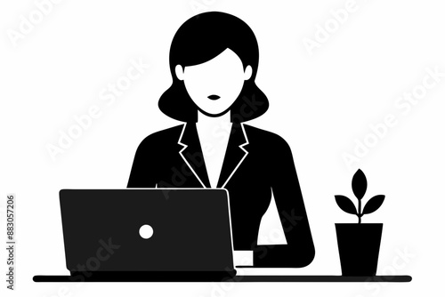 
silhouette of woman working on laptop at desk. Vector illustration
