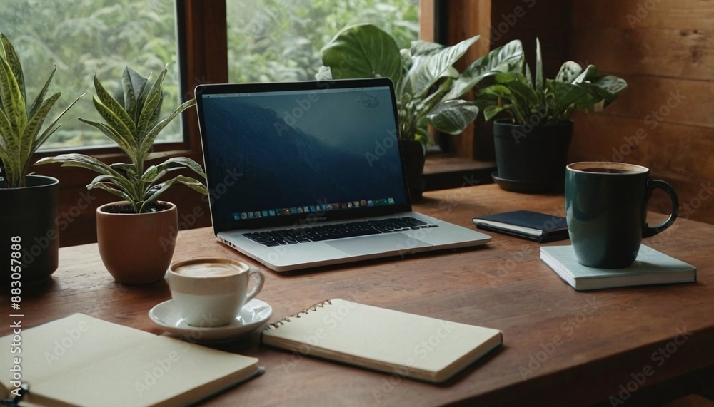 a cozy home office setup with a laptop, a steaming cup of coffee, notebooks, and indoor plants on a wooden table success, comfortable, minimalist, indoors, clean, elegant, contemporary, casual, office a cozy home office setup with a laptop, a steaming cup of coffee, notebooks, and indoor plants on a wooden table success, comfortable, minimalist, indoors, clean, elegant, contemporary, casual, office