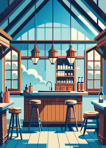 Old bar scene. Traditional or British style bar or pub interior, with wooden paneling