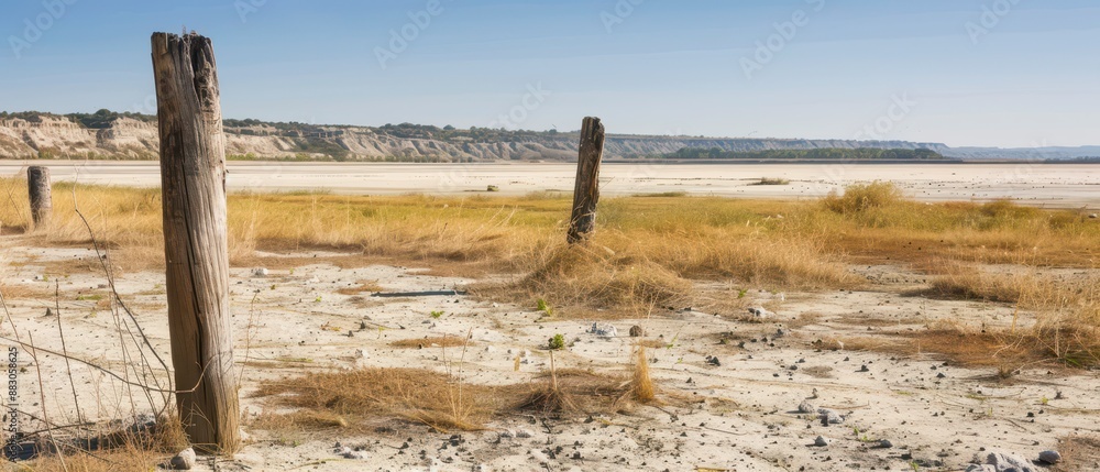 Wooden Posts in Dry Lake Bed Landscape Near Hills Wooden Posts in Dry Lake Bed Landscape Near Hills