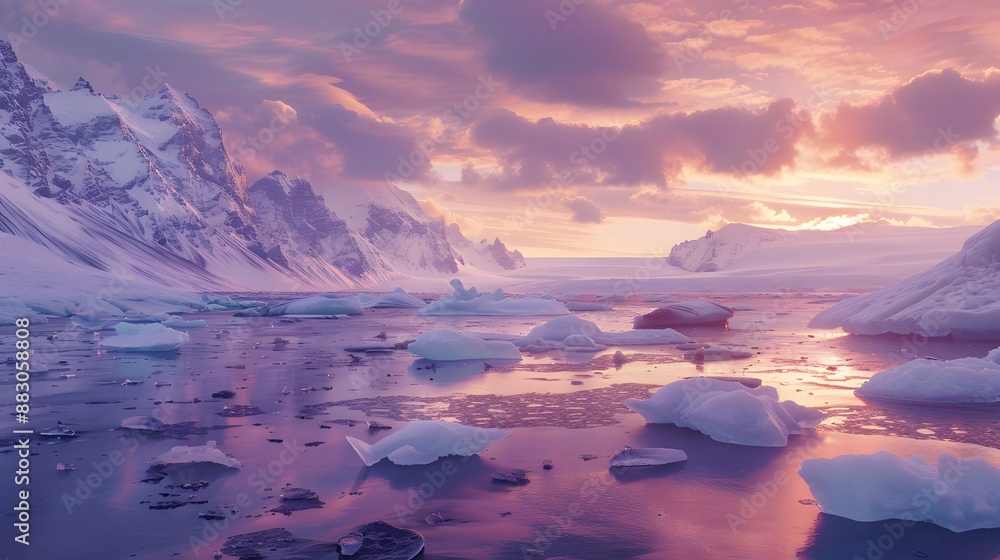 Icebergs on black sand beach with a colorful sunrise and snow-covered mountains in the background. Icebergs on black sand beach with a colorful sunrise and snow-covered mountains in the background.