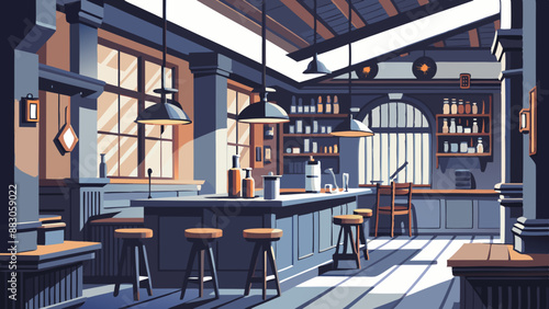 Old bar scene. Traditional or British style bar or pub interior, with wooden paneling