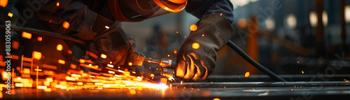 Metal fabricator using a handheld plasma cutter, stock photography, photo realistic