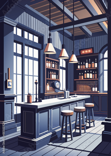 Old bar scene. Traditional or British style bar or pub interior, with wooden paneling