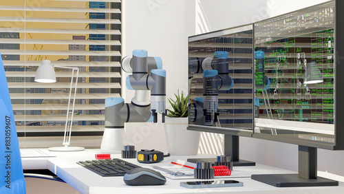 3D render: View of Mechanical engineer's desktop during design automation system with Collaborative Robot for smart factor