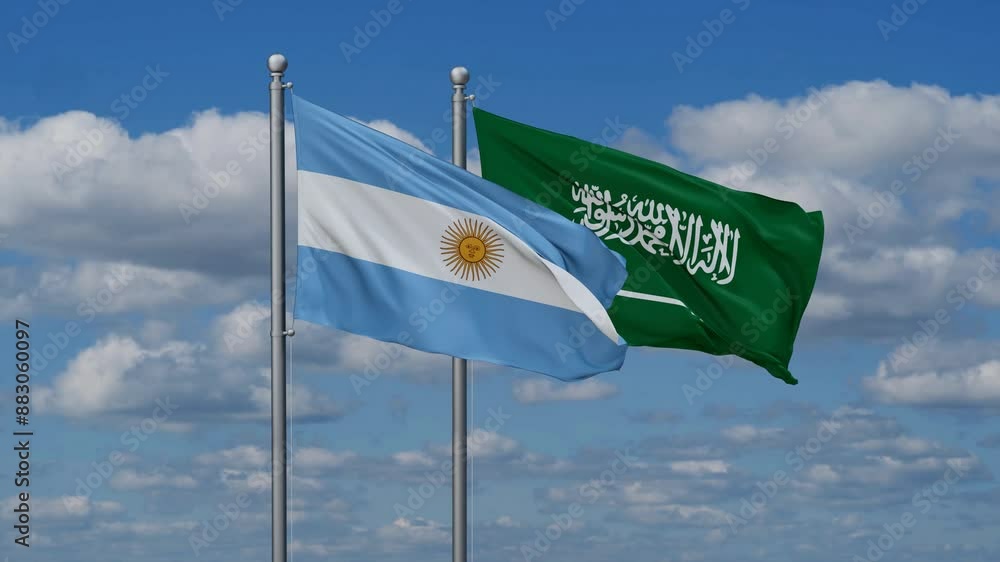 Saudi Arabia and Argentina flags flying together, video concept of the relationship, two country relations concept Saudi Arabia and Argentina flags flying together, video concept of the relationship, two country relations concept